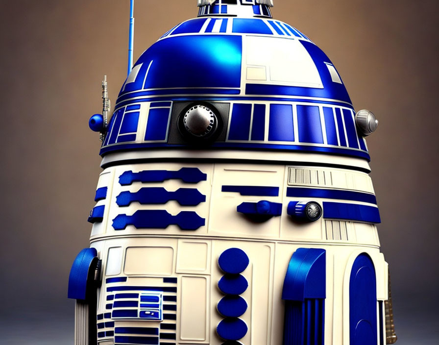 Detailed Blue and White Astromech Droid on Sepia Background