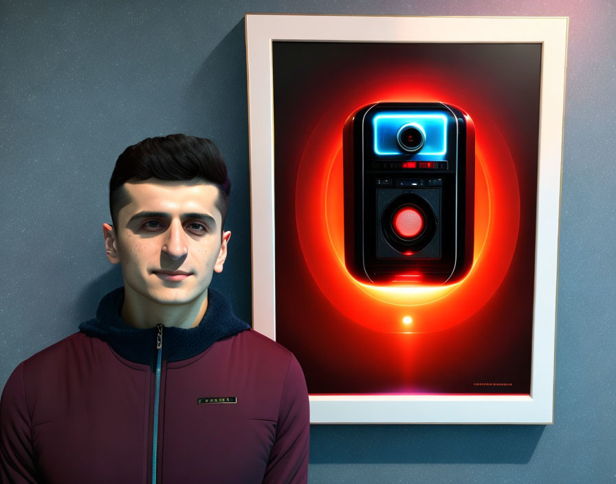 Burgundy jacket man in front of neon-lit camera illustration