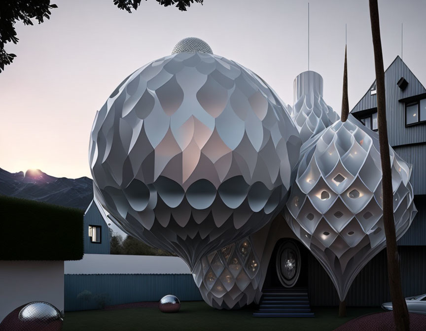 Modern house with geometric bubble extensions in residential area at sunset