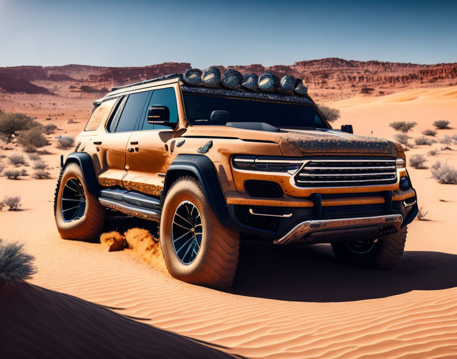 Orange Off-Road Vehicle with Roof Rack Driving in Desert Landscape