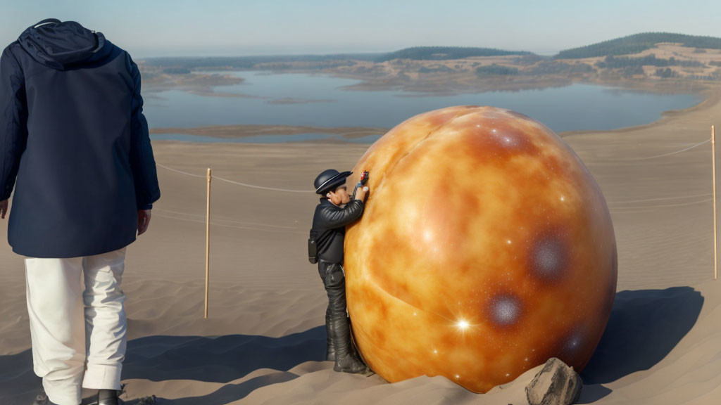 Mysterious glowing orb examined in sandy landscape