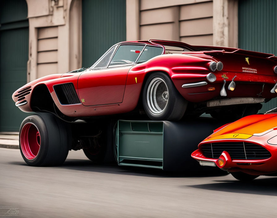 Vintage Red Sports Car Racing Past Blurred Background