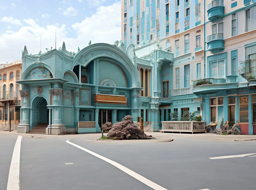 Turquoise Art Nouveau building contrasts modern high-rises