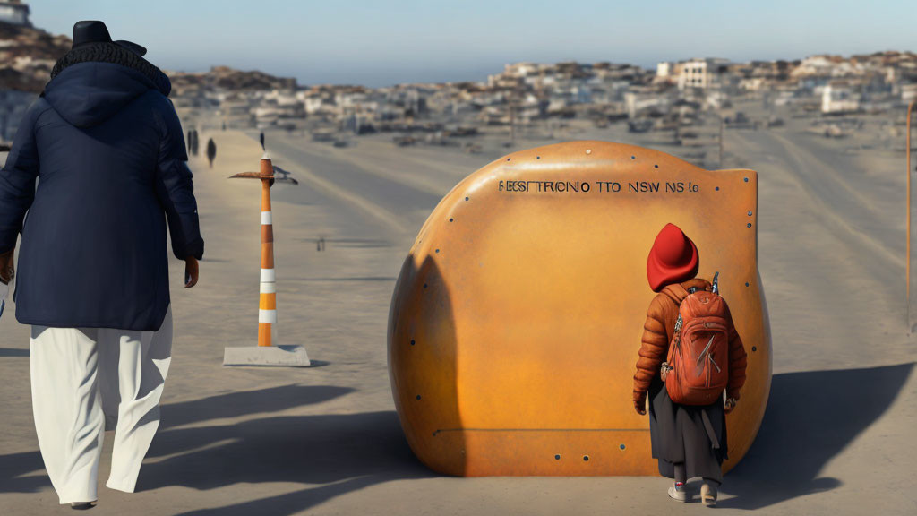 Person in Blue Coat Walking Away from Large Orange Sphere with Inscriptions