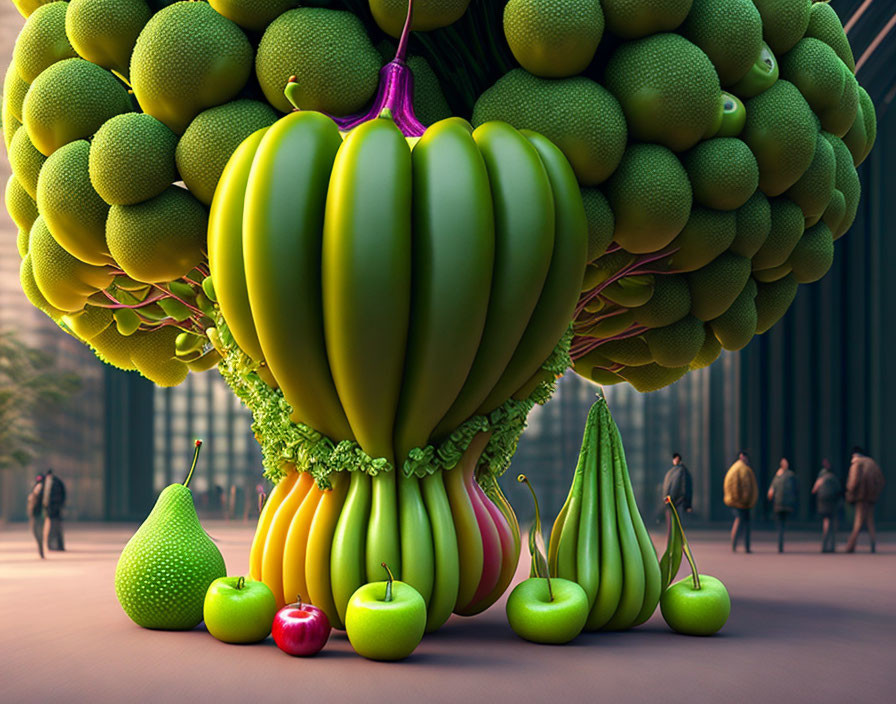 Surreal tree with banana trunk, lime canopy, and fruit base.