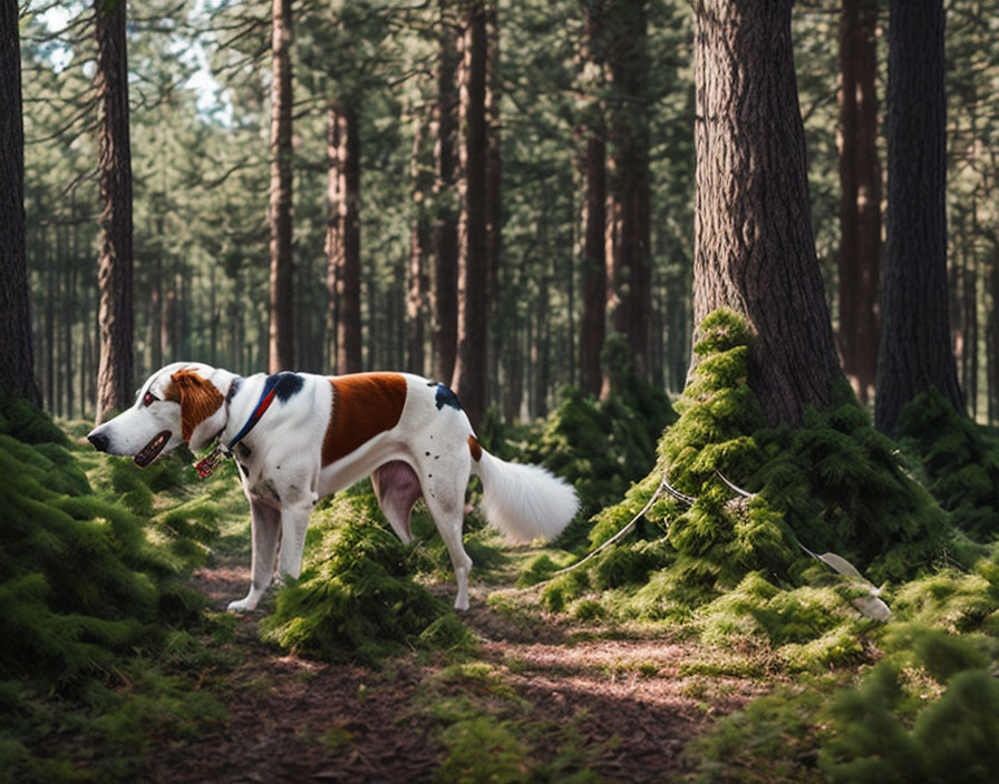 Beagle dog on leash in lush forest with tall pines