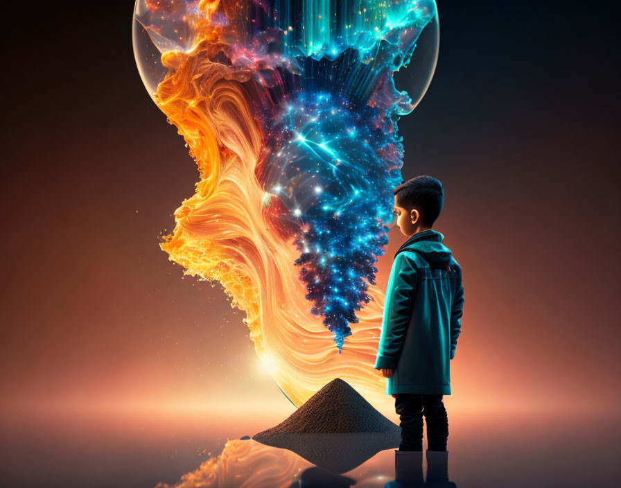 Boy in blue jacket gazes at hourglass with galaxies, stars, and nebulae on dark