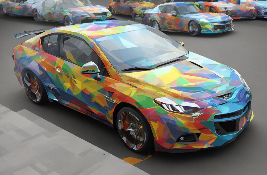 Geometric-patterned sports car with rear spoiler parked among wrapped cars