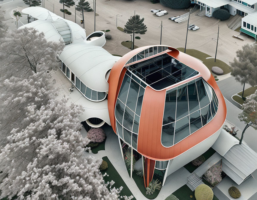 Unique modern building with white domes and orange structure among pink blossoms and parked cars