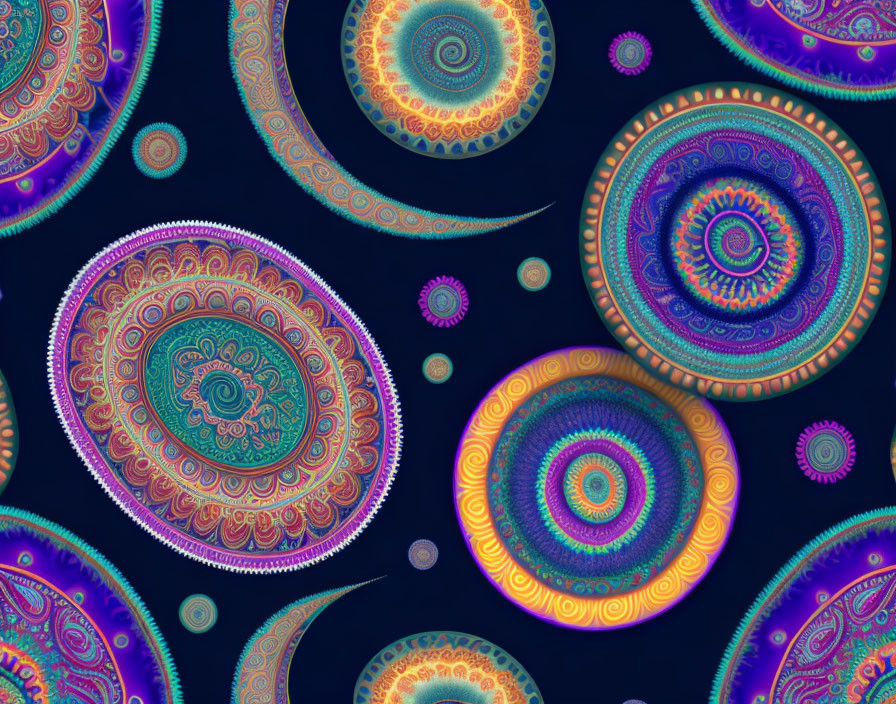 Vibrant fractal mandalas and paisleys on dark backdrop