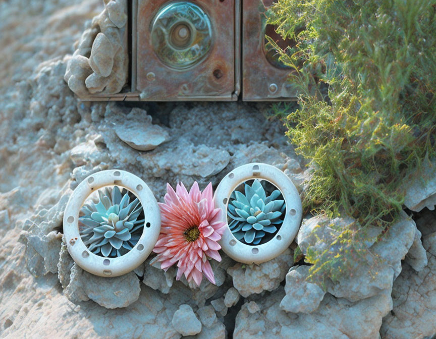 Vintage Metal Music Box with Pinwheels & Pink Flower on Rocky Terrain