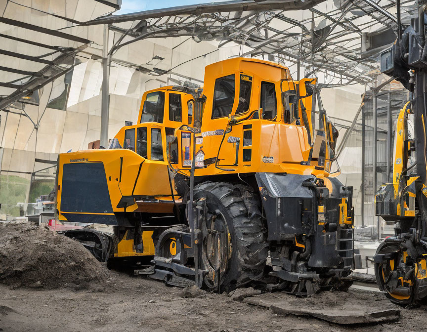 Three Yellow Wheel Loaders Parked in Shelter with Construction Equipment Background