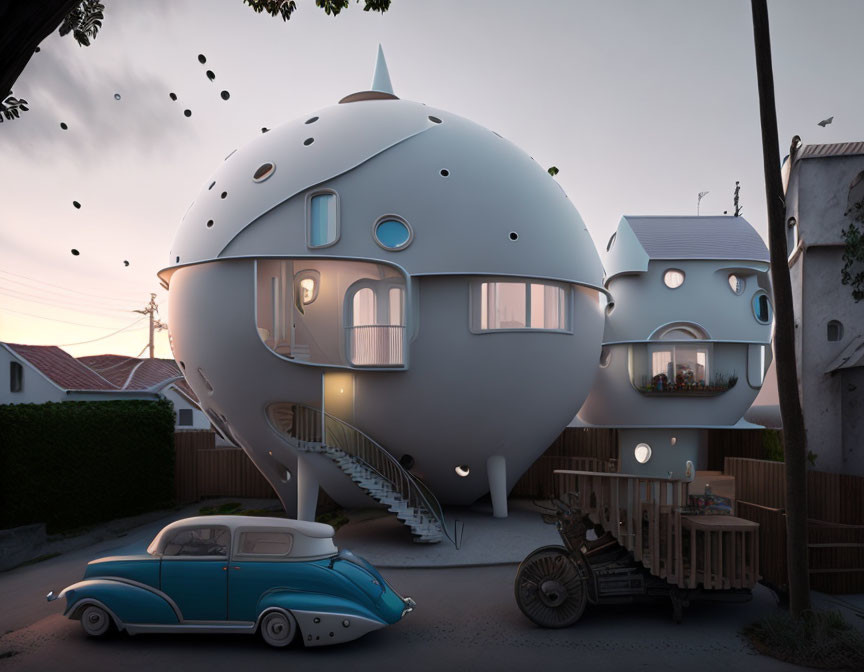 Futuristic Spherical Homes with Circular Windows and Vintage Blue Car at Twilight