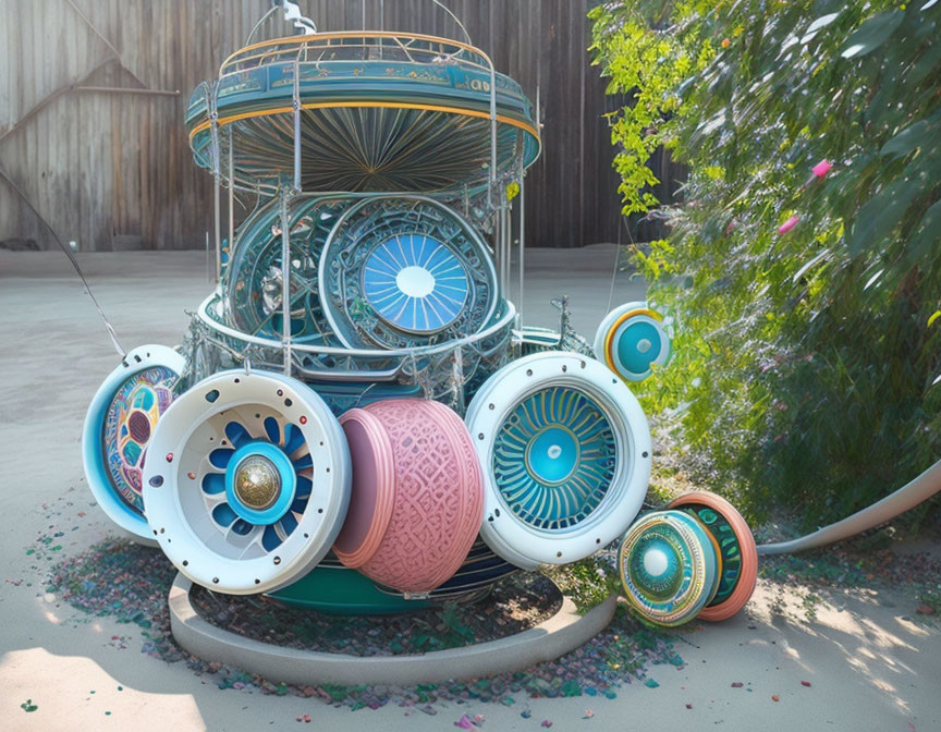 Colorful ornate carousel with wheel-like decorations on concrete, surrounded by greenery and wooden structure