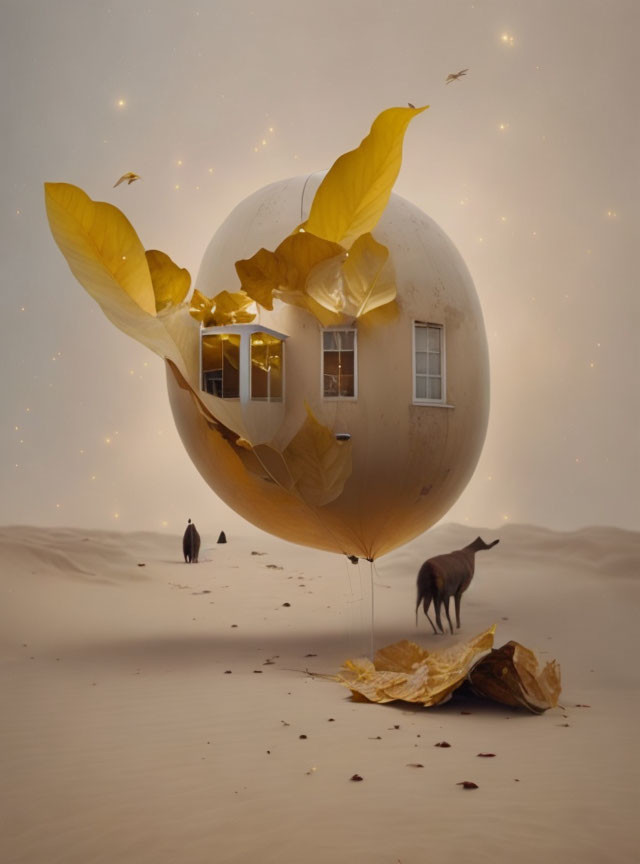 Surreal round house floating above desert with person and goat.