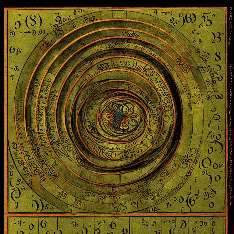 Vintage illustration: Geocentric model of universe with Earth at center, celestial spheres on ornate backdrop