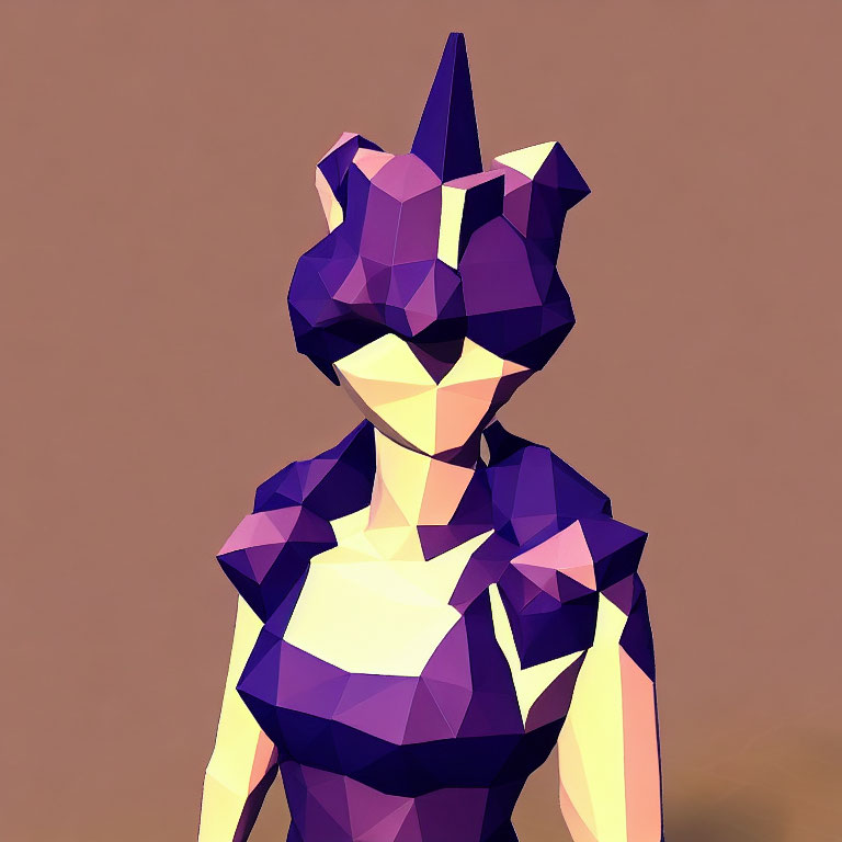 Geometric low-poly person art with unicorn mask in purple and beige