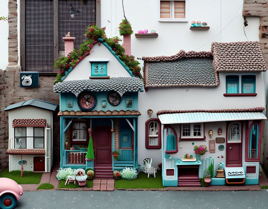 Detailed Miniature Street Scene with Colorful Houses and Tiny Pink Car