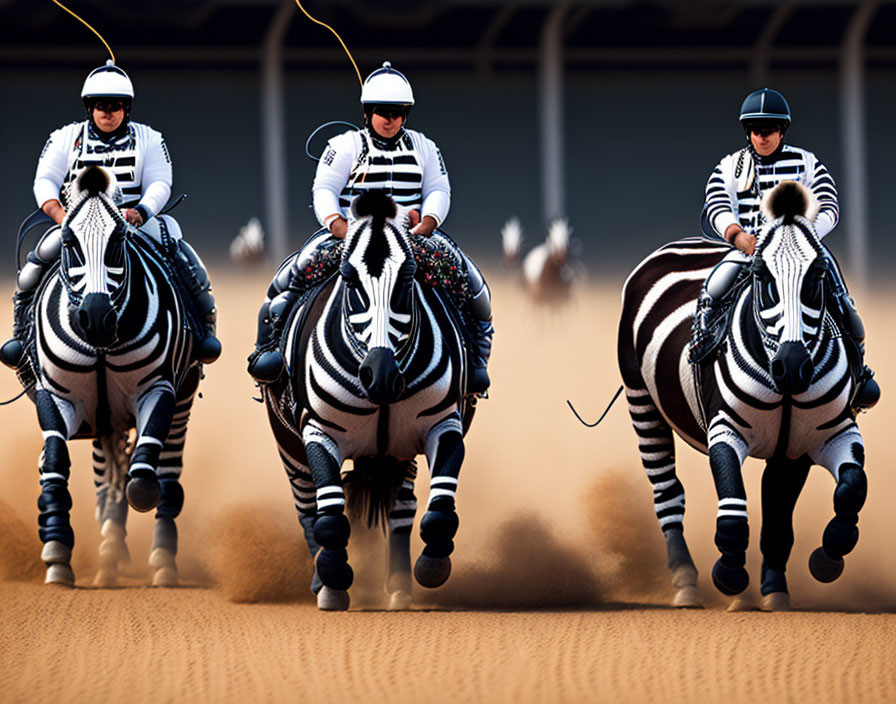 Three riders in zebra-striped outfits on matching horses gallop across a sandy area.