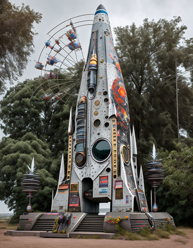 Colorful Rocket Sculpture with Ferris Wheel and Floral Decor in Park