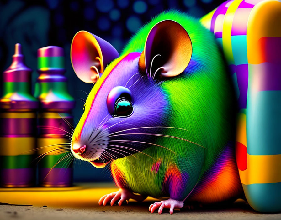 Vivid rainbow-hued mouse illustration on artistic paint tube background