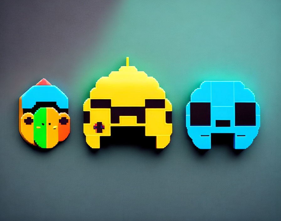 Pixel Art Style Magnets: Green Bird, Yellow Console, Blue Car on Gray Background