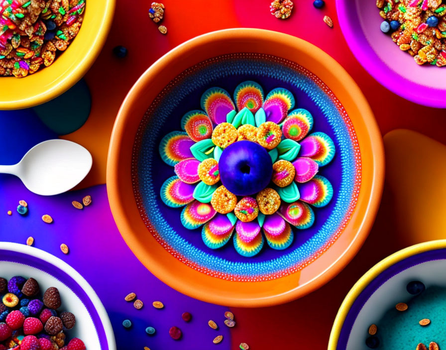 Colorful Fruit and Cereal Bowls on Textured Background