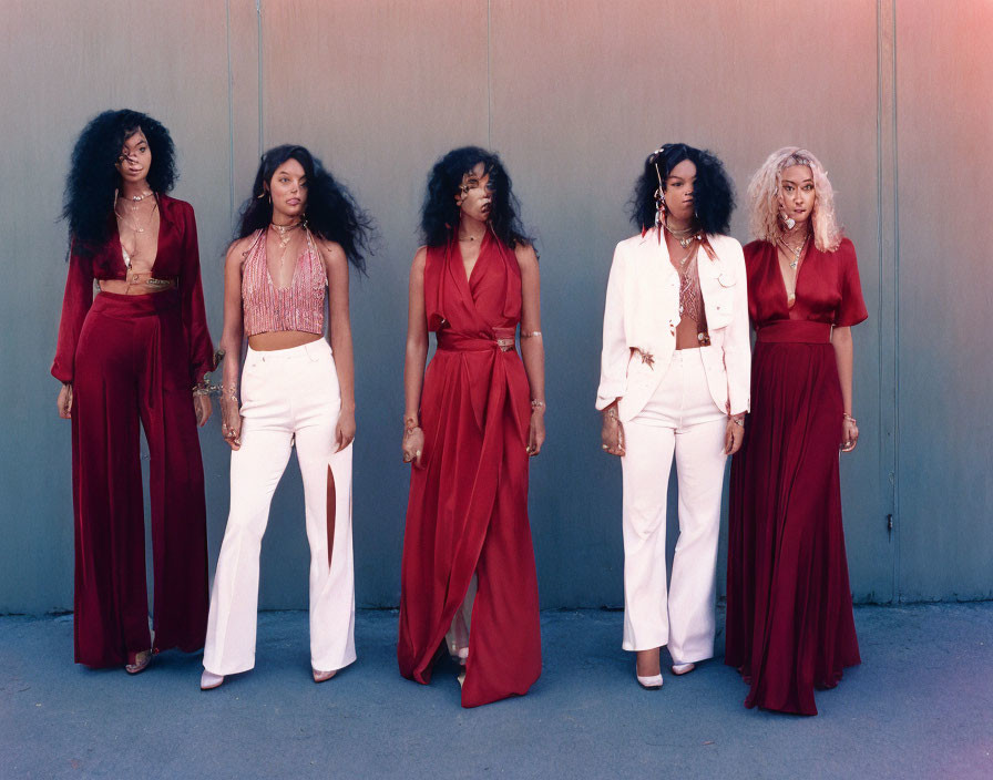 Five Women in Stylish Red and White Outfits on Blue Background