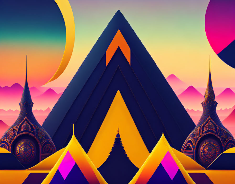 Colorful digital artwork: Stylized mountains, geometric shapes, and architectural spires