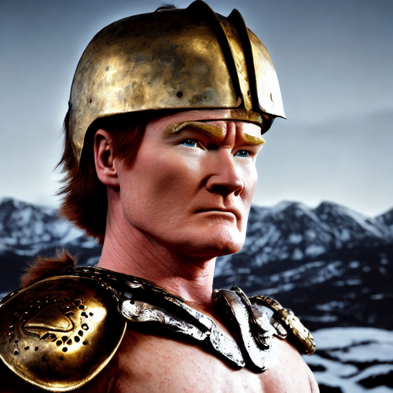 Red-Haired Warrior in Ancient Armor with Mountains Background