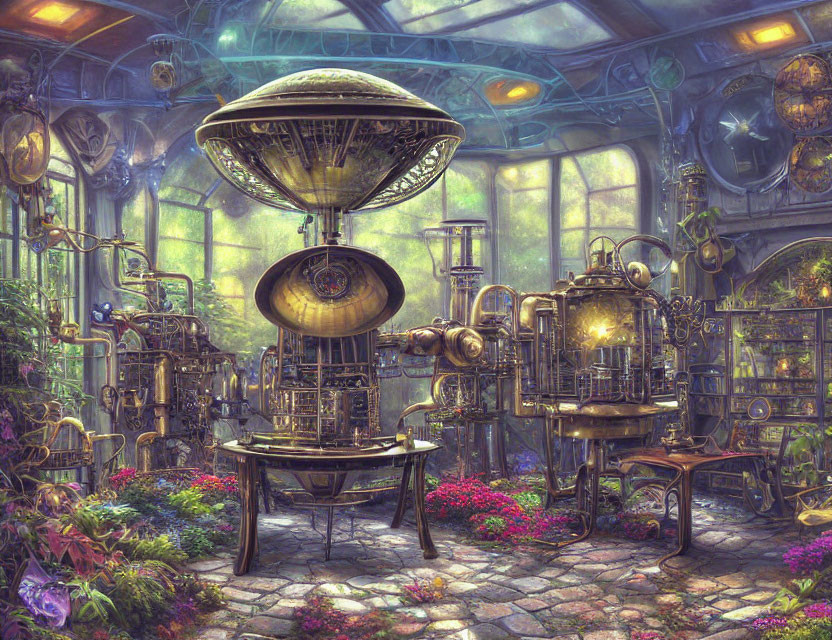 Steampunk greenhouse with mechanical devices, lush plants, and golden lighting