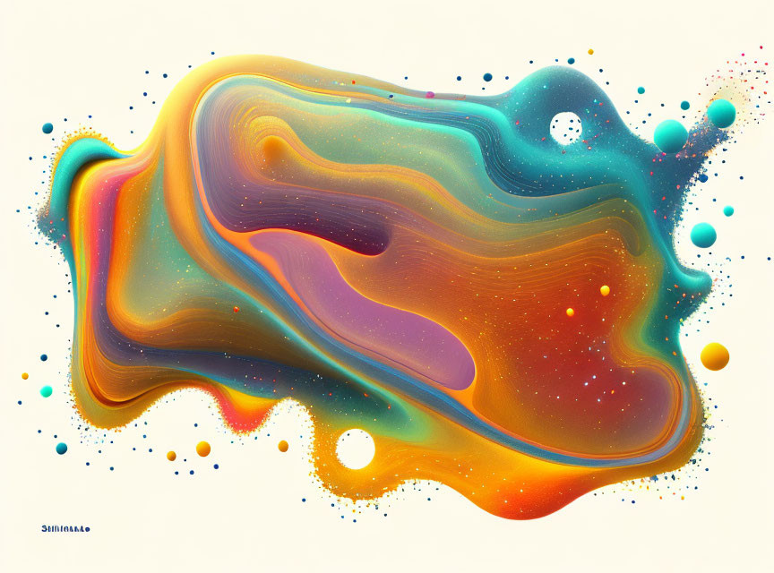 Vibrant cosmic fluid painting with swirling patterns and spherical droplets