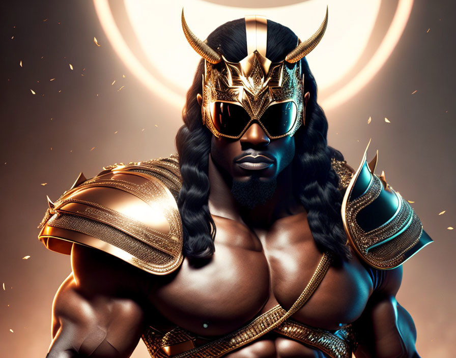 Muscular figure in golden armor with horned helmet on warm glowing background.