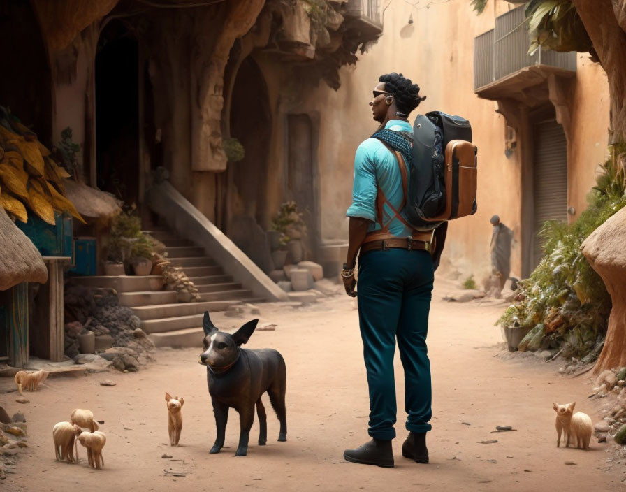 Man in teal attire with backpack observing pigs in dusty alley