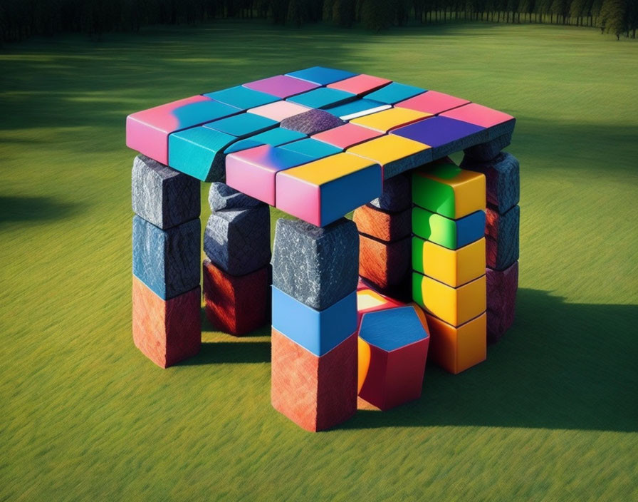 Colorful Oversized Rubik's Cube Structure on Grass Field with Shadows