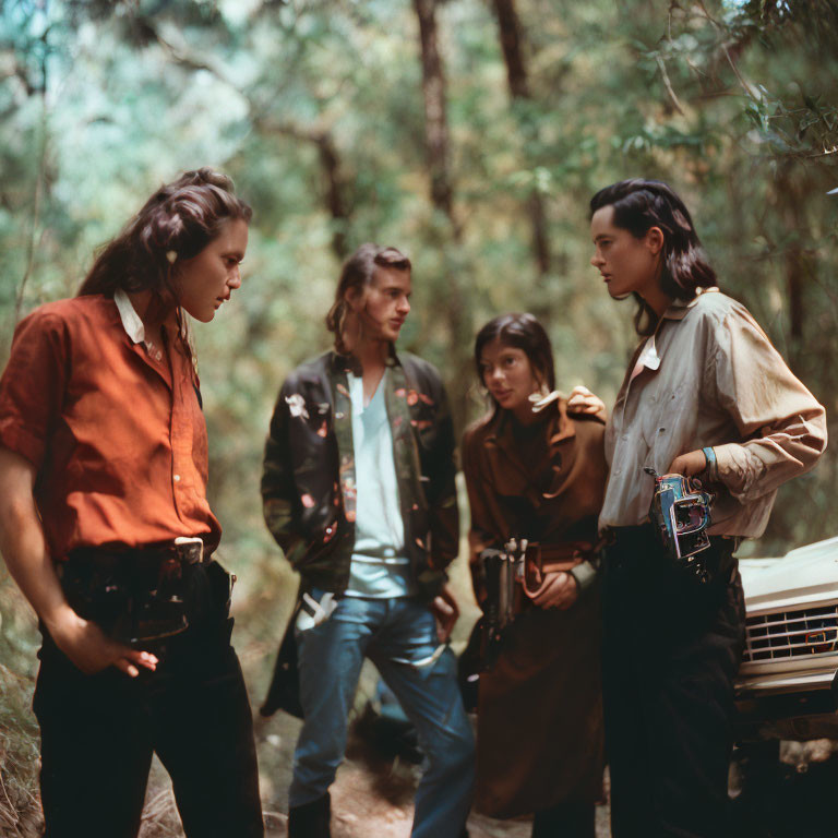 Group of four people in retro clothing near old vehicle in wooded area