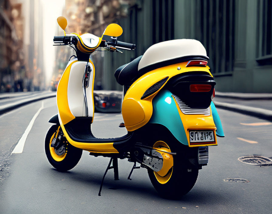 Colorful Yellow and Blue Scooter in Urban Street Setting