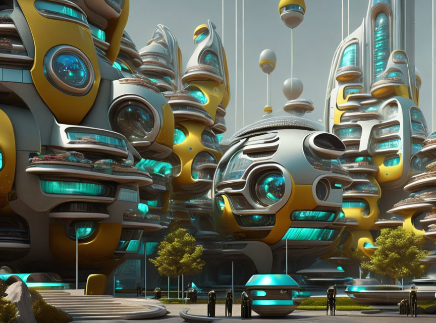 Futuristic Cityscape with Organic High-Rise Buildings and Floating Orbs