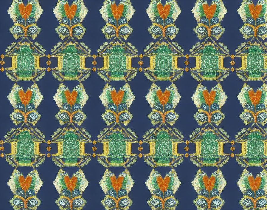 Symmetrical jewel-toned pattern on dark blue background