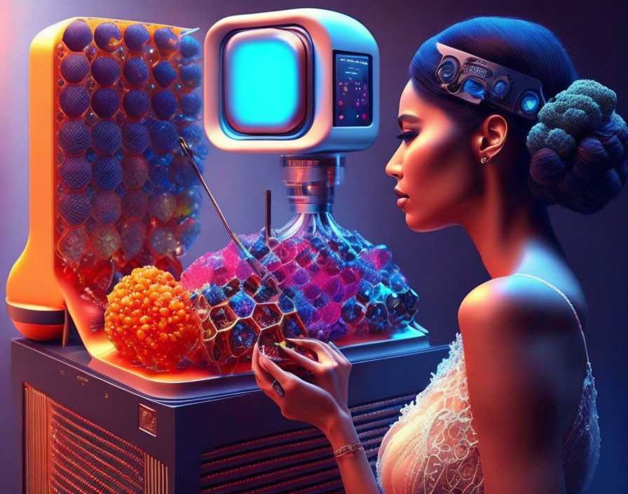 Futuristic woman with headband explores honeycomb structure in neon-lit room