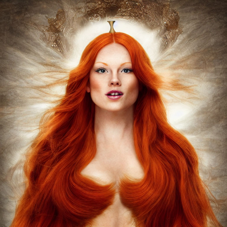 Vibrant red-haired woman with mystical aura on textured backdrop