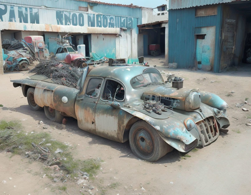 Abandoned rusty car with flat tires near rundown buildings