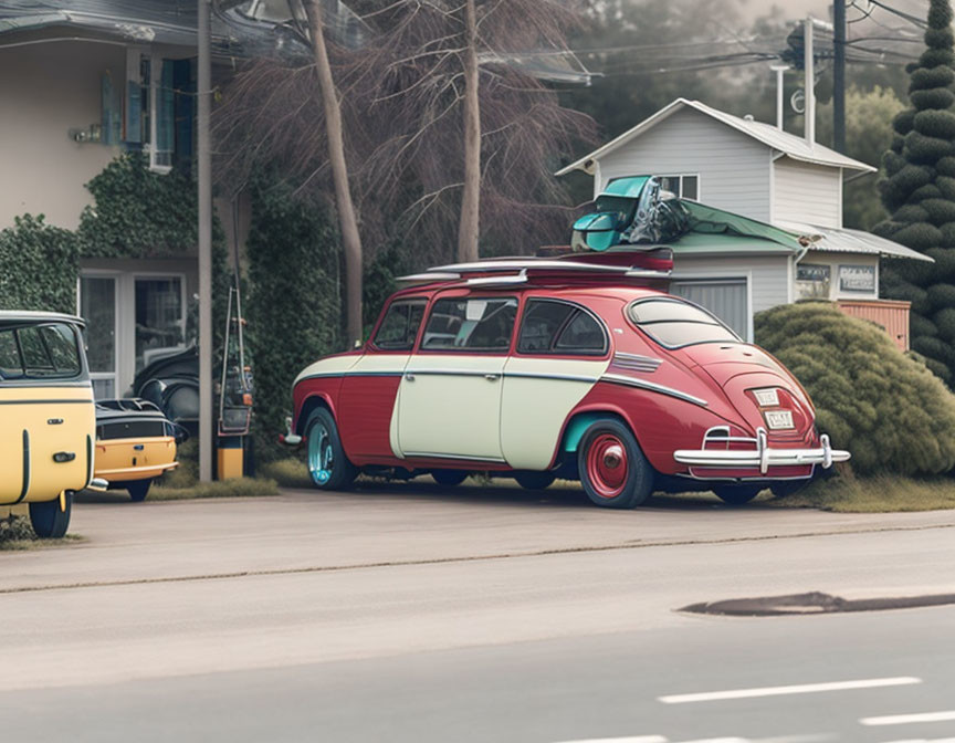 Classic Station Wagon with Surfboards on Foggy Street