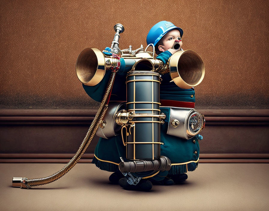 Baby in jetpack with brass details, goggles, and blue cap sitting against brown backdrop