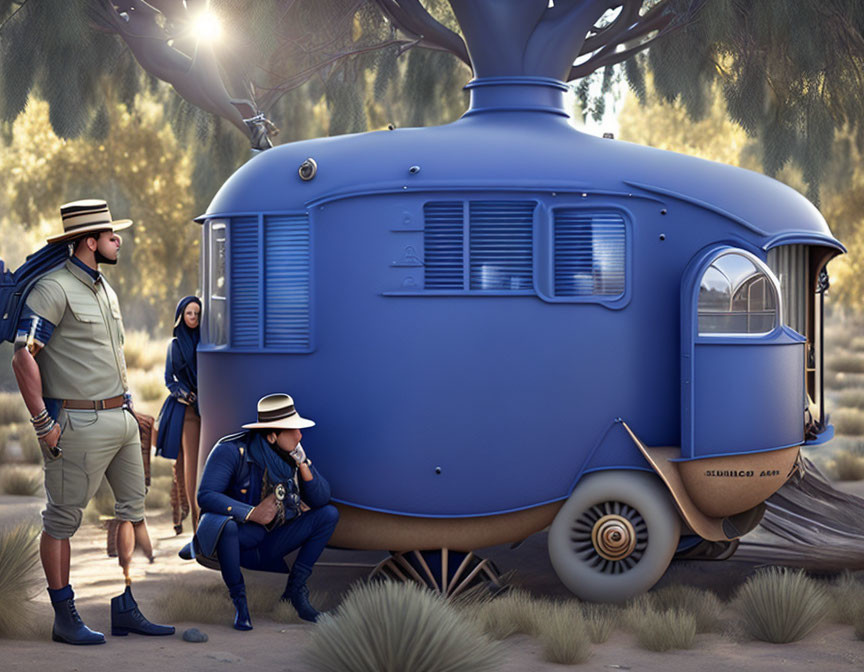 Three people in retro-futuristic outfits near blue spherical vehicle in desert landscape