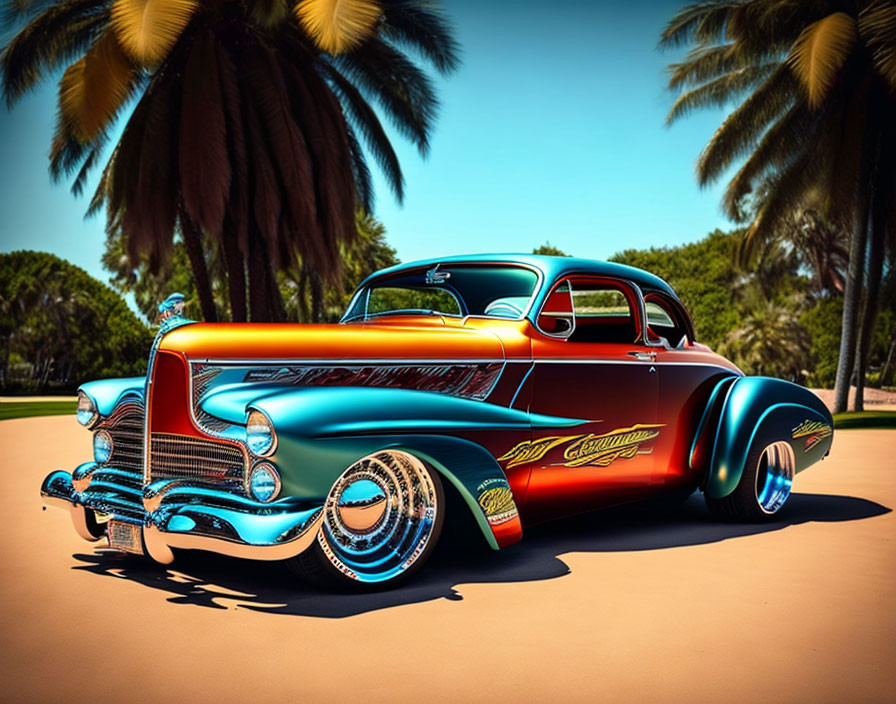 Vibrant multi-colored custom car parked under palm trees