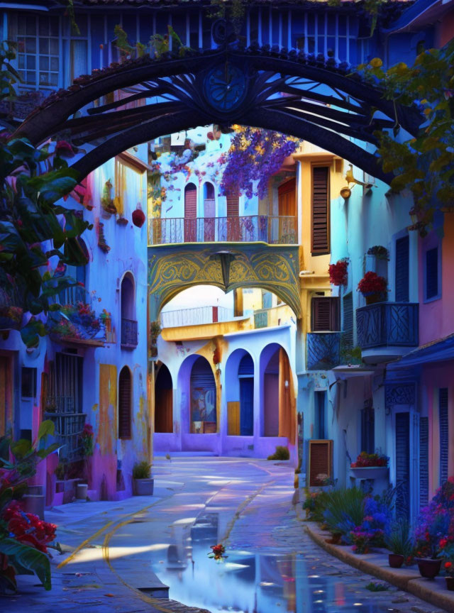 Charming cobblestone alley with vibrant flowers, wrought iron archway, and colorful buildings at twilight