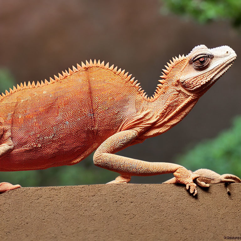 Vibrant orange lizard with spiny ridge on brown rock.