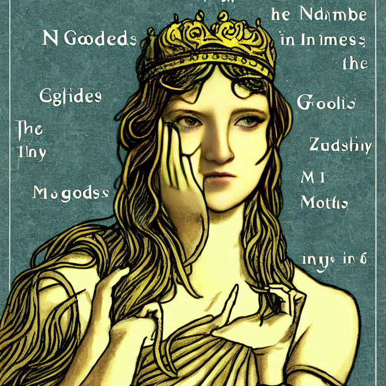 Crowned woman illustration on blue background with obscured text.