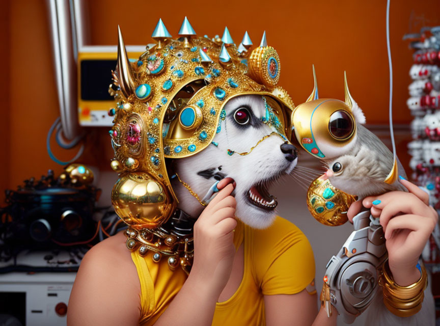 Person in Yellow Outfit with Golden Cat Mask Holding Cat Figurine on Orange Background with Tech Gad